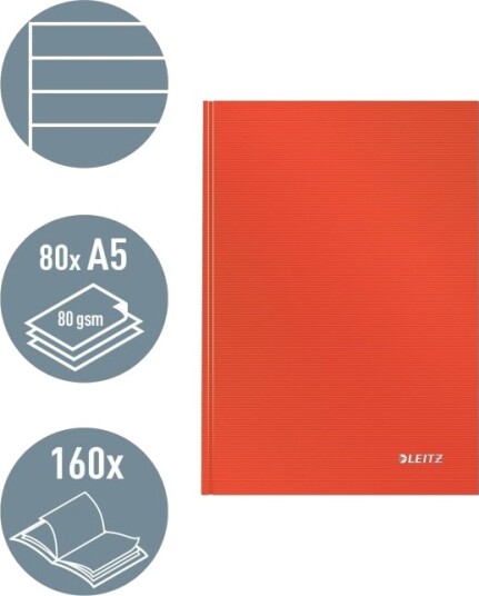 Leitz Solid   Notisbok   A5 148 X 210 Mm   80 Ark / 160 Sider   Linjert   Lys Rød   Plast