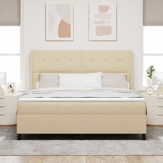 Boksfjær Seng med madrass Krem 200 x 180 cm stoff Boksfjær Seng med madrass Krem 200 x 180 cm stoff