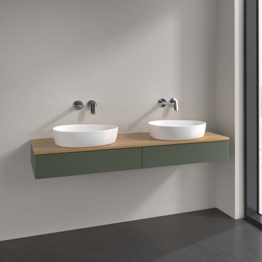 Villeroy & Boch Antao Servantskap med 2 skuffer 160x50x19 cm u/lys Grønn Matt/Eik Villeroy & Boch Antao Servantskap med 2 skuffer 160x50x19 cm u/lys Grønn Matt/Eik