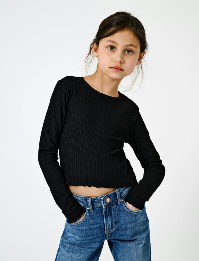 Kids Only Kognella Langermet Topp i Ribbestrikket Jersey - Svart - Størrelse 122-128