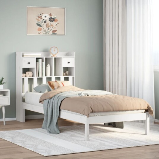 Seng med bokhylle uten madrass hvit 75x190 cm heltre furu 8721158603982
