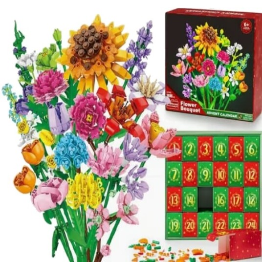 Adventskalender 2026 – 24 delers byggeklossbukett med villblomstblokker julenedtelling for barn tenåringer og voksne