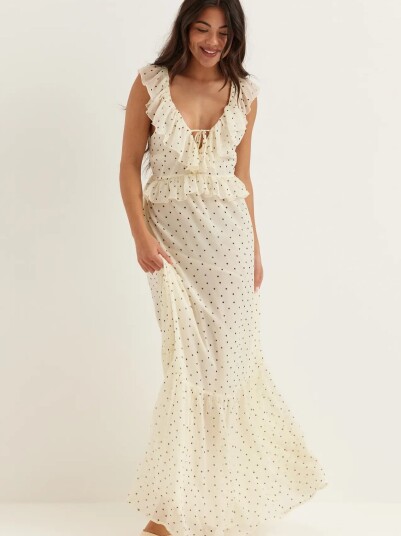 Bubbleroom Frill Tie Back Chiffon Maxi Dress Cream S Bubbleroom Frill Tie Back Chiffon Maxi Dress Cream S