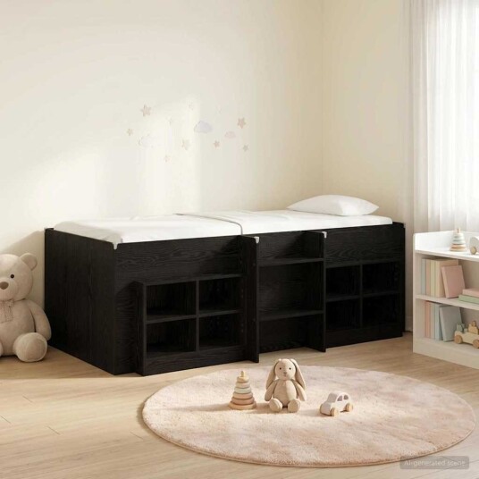 Loft Seng Ramme med Skap med hylle 3 pcs Svart Konstruert tre