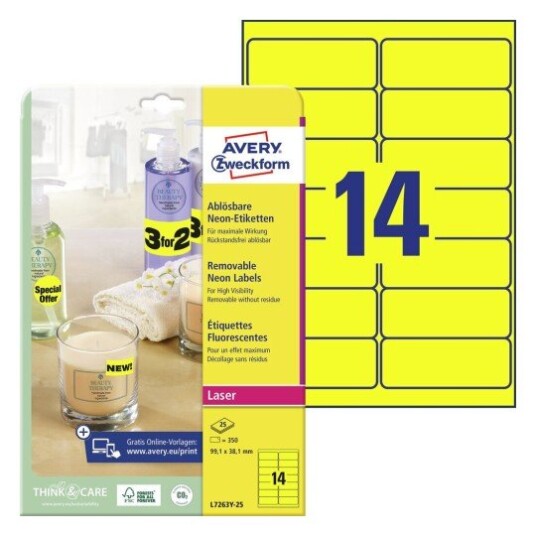 Avery firkantede etiketter avtagbare neongule 99,1 X 38,1 modell L7263Y-25