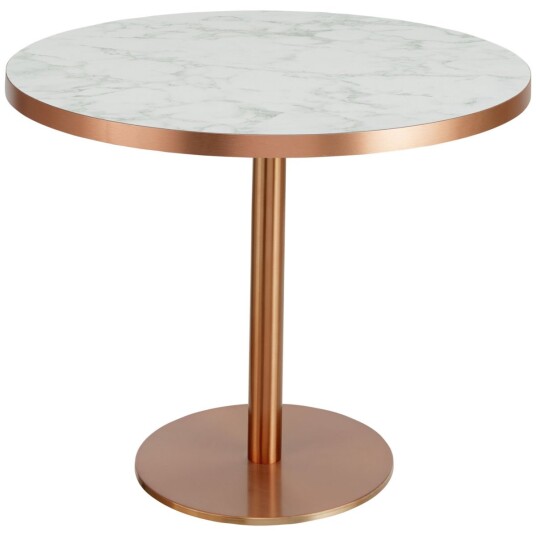 VEGA Spisebord Marvani med bordben i rustfritt stål kopperfarget; 75x80 cm HxØ; Bordplate Hvit/Kobber/Marmorert Ramme Kobber; Rund VEGA Spisebord Marvani med bordben i rustfritt stål kopperfarget; 75x80 cm HxØ; Bordplate Hvit/Kobber/Marmorert Ramme Kobber; Rund