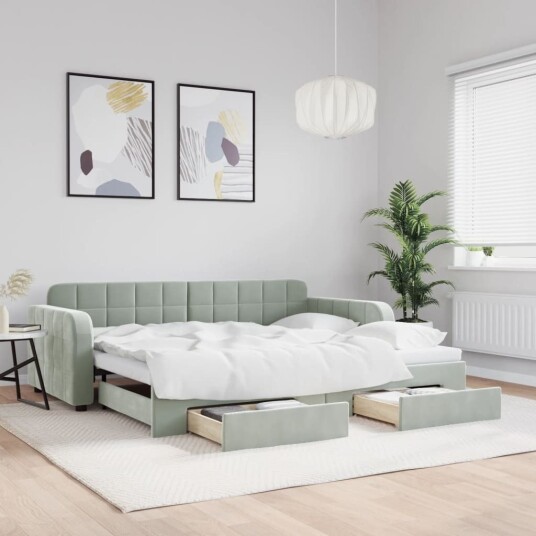  Uttrekkbar dagseng med skuffer lysegrå 90x190 cm fløyel
