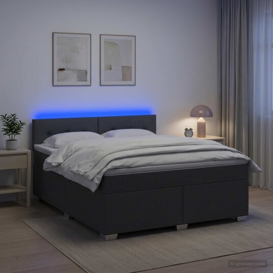 vidaXL Box Spring Seng med Madrass og LED Mørkegrå 180 x 200 cm Stoff