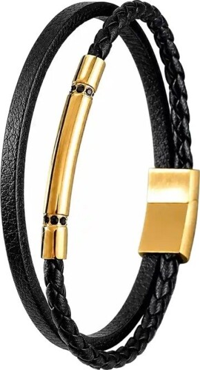 Atlas Herrearmband i svart skinn og forgylt stål Atlas Herrearmband i svart skinn og forgylt stål
