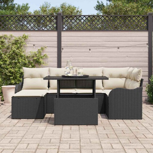vidaXL Hagesofa Set med pute 7 pcs Svart Poly rattan