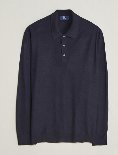 Fedeli 140s Fine Wool Long Sleeve Polo Navy