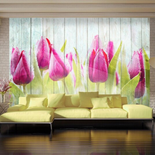 Fototapet Tulips On White Wood 100x70 - Artgeist sp. z o. o.