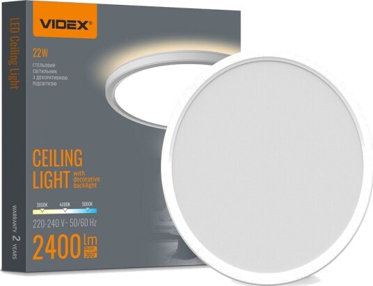 Videx 22W Ø29,3cm LED taklampe med baklys   2400lm IP54 CCT skiftbar hvit kant inkl. lyskilde   Kulør : Nøytral