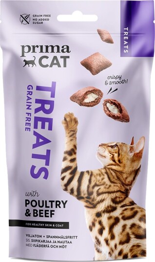 Primacat Crunchy Treats Skin Coat Med Fjærkre Biff 4 X 40 G