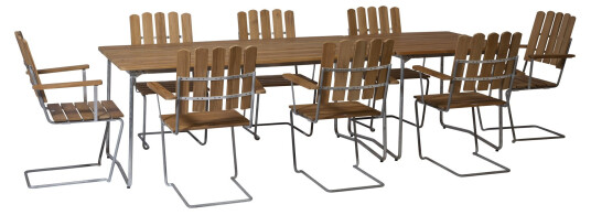 Grythyttan Stålmöbler B31 spisegruppe Teak/galvanisert stål 8 lenestoler, bord 84 x 92 cm & bord 170 x 92 cm