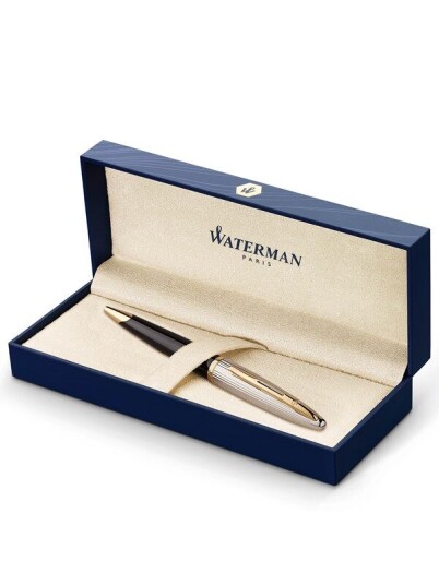 Waterman Carène Deluxe Ballpoint Pen Gloss Svart & Sølv Plated with 23k Gull Clip Medium Point with Blå Ink Cartridge Gift Box