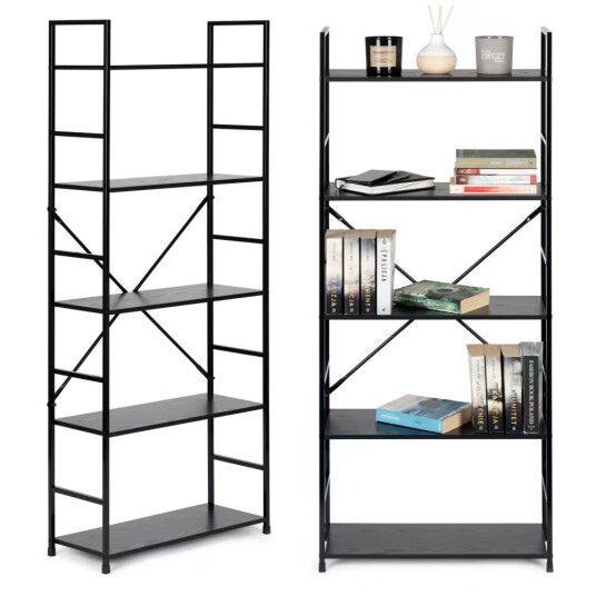 Bred moderne LOFT trebokhylle med 5 hyller, sort