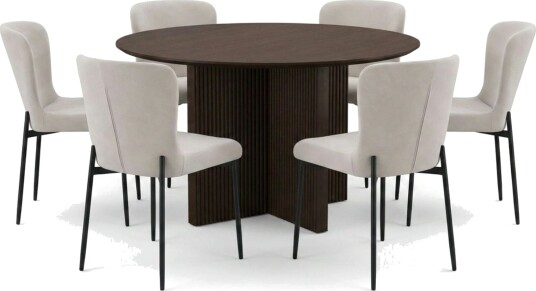 Edda spisegruppe rund 130 cm røkt eik med 6 Elsie spisestoler Røkt eik/beige
