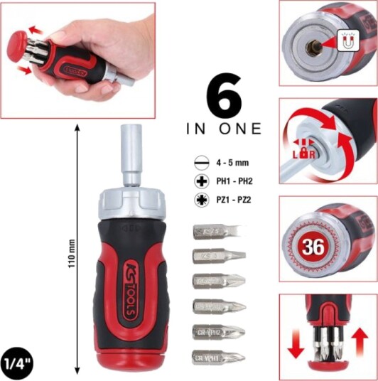 Ks Tools 6-i-1 Mini Skralleskrutrekker 1/4" med Magnetisk Håndtak