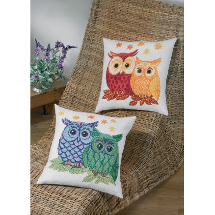 Permin Broderisett Aida Pute Ugler Blå Grønn 42x42cm