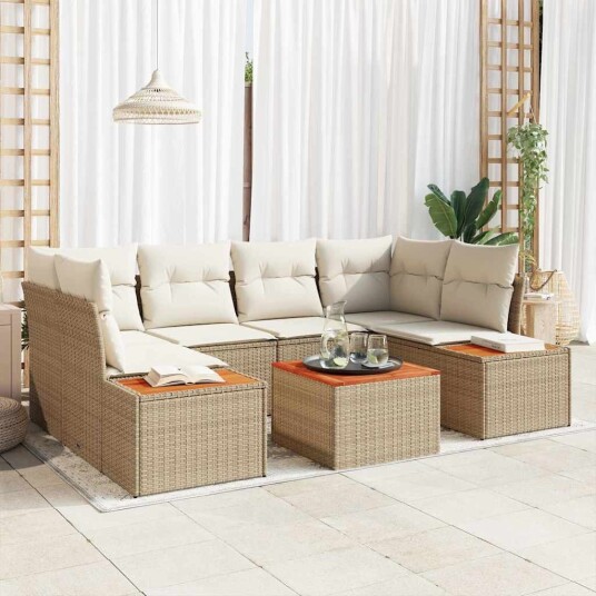 7 Stykkers Hage Sofa Set med Puter Beige Poly Rottning Akasie