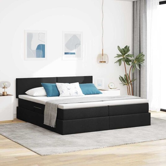 LED lagringseng med madrass Svart 200 x 200 cm Stoff