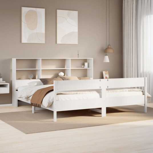  Seng med bokhylle uten madrass hvit 180x200 cm heltre furu 8721158617668