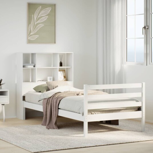 Seng med bokhylle uten madrass hvit 100x200 cm heltre furu 8721158606839