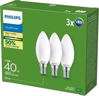 Philips Ultra Efficient Led Pære E14 | B35 | 2,1 W = 40 W | 2700K Varm | 3 Stk Philips Ultra Efficient Led Pære E14 | B35 | 2,1 W = 40 W | 2700K Varm | 3 Stk