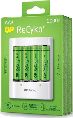 GP-batterier ReCyko+ 4 x AA oppladbare batterier 2000 mAh + lader