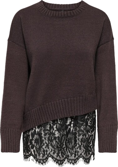ONLY Onlevie Ls Lace Mix O Neck Knt Brown S ONLY Onlevie Ls Lace Mix O Neck Knt Brown S