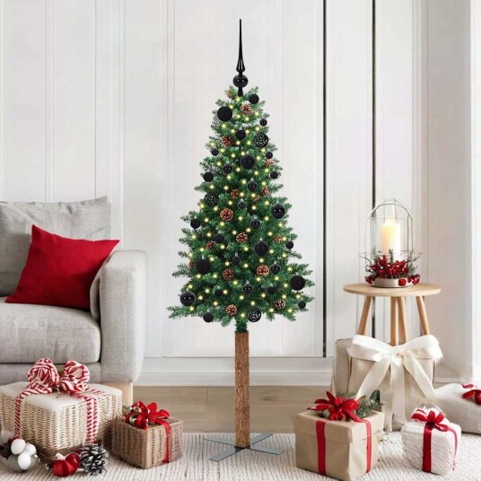 Slim juletre med 150 LED grønn 150 cm PVC og Massivt Furu tre