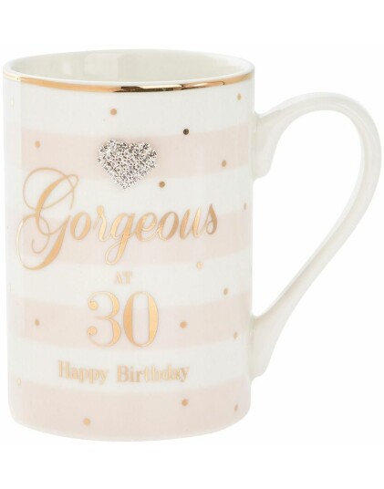 Gorgeous at 30 Rosa og Hvitt Porselenskrus med Gullfarget Tekst og Sølvhjerte