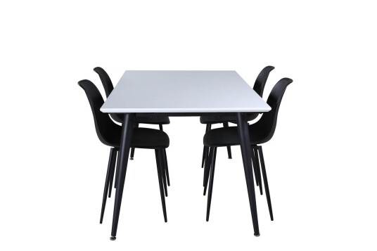 Jimmy150 spisegruppe spisebord uttrekksbord lengde cm 150 / 240 hvit og 4 Polar spisestuestoler svart.