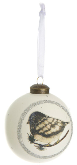 Julekule hvit m/fugledekor Ø:8cm