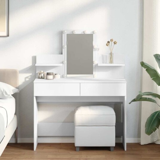 Sminkebord med LED hvit 100x40x130 cm