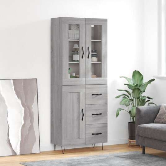 Highboard grå sonoma 69,5x34x180 cm konstruert tre