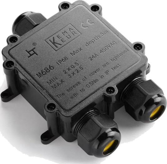 Sort koblingsboks for viderekobling, 3-leder - IP68 vanntett, for skjøting av ledninger, Ø4-8mm kabel