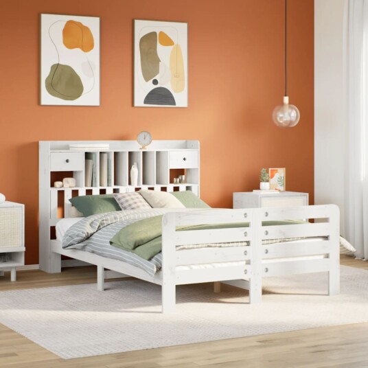  Seng med bokhylle uten madrass hvit 160x200 cm heltre furu 8721158411440