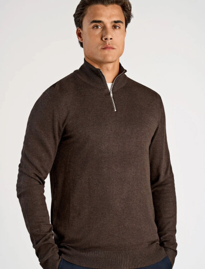 Lindbergh Ecovero Half Zip L/S Knit - Brown - M