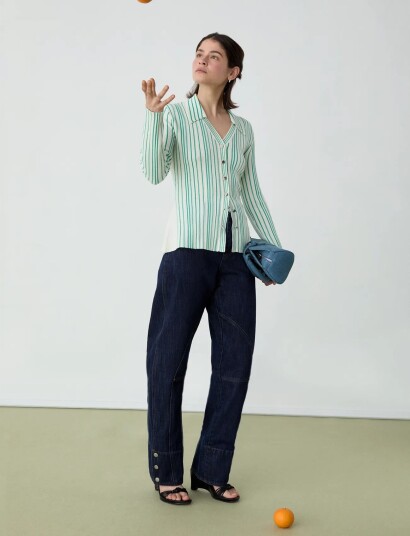 Laagam Giulia Green Striped Knitted Top Green M/38