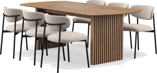 Richeto spisebord 210 cm med 6 Lucy spisestoler - Naturlig finish / Greige bouclé / Metallben svart