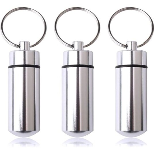 3 vanntette medisinbokser i aluminium (sølv), medisinbokser i pose, sølv medisinbokser, vanntette nøkkelring sølv medisinbokser, utendørsreiser