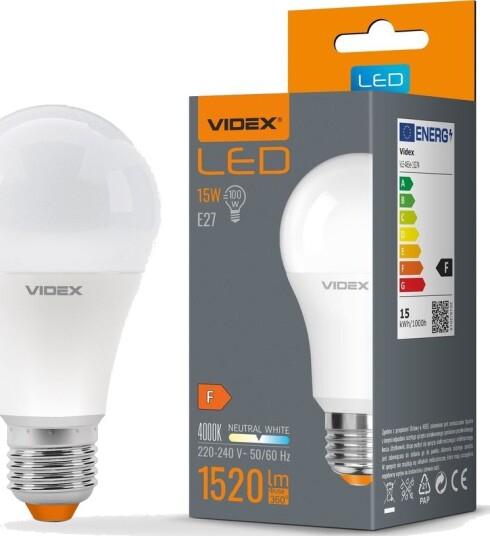 Videx E27 15W LED pære   A65 1520lm 4000K flicker free   Kulør : Nøytral