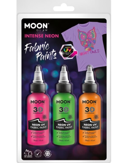 3 stk Neon UV/Blacklight 3D Tekstilmaling i Rosa Orange og Grønn 30 ml