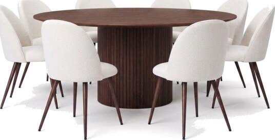 Spisegruppe Bark Kopparbo 180 cm Valnøtt Hvit bouclé/metallben valnøtt Rund 8