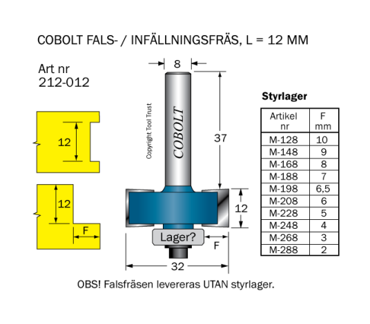 Cobolt 212-012 Kantfres L=12 D=32 TL=61 S=8 Maskintilbehør & forbruk