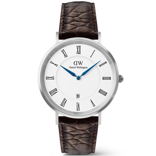 Daniel Wellington DW Watch Classic Roman Numerals Date Dark Brown Croc Belly Silver 40mm