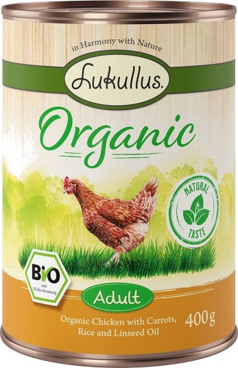 Lukullus Våtfôr Adult Økologisk Økologisk Med Økologisk Gulrot Glutenfri Kylling 24 X 400 G