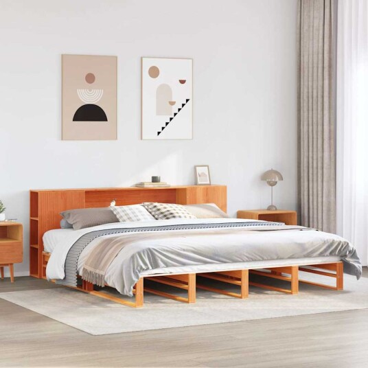  Seng med bokhylle uten madrass voksbrun 200x200 cm heltre 8721158626769